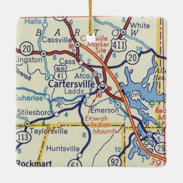 Cartersville GA Vintage Map Ceramic Ornament (Back)