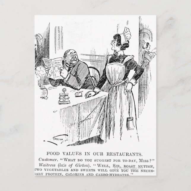 Cartoon about an educated waitress postcard (Front)