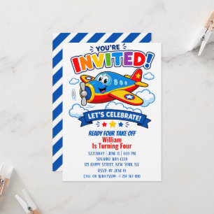 Cartoon Aeroplane Cute Plane Boy 4th Birthday Invitation