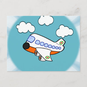 Cartoon Aeroplane in Clouds with Sunburst Postcard