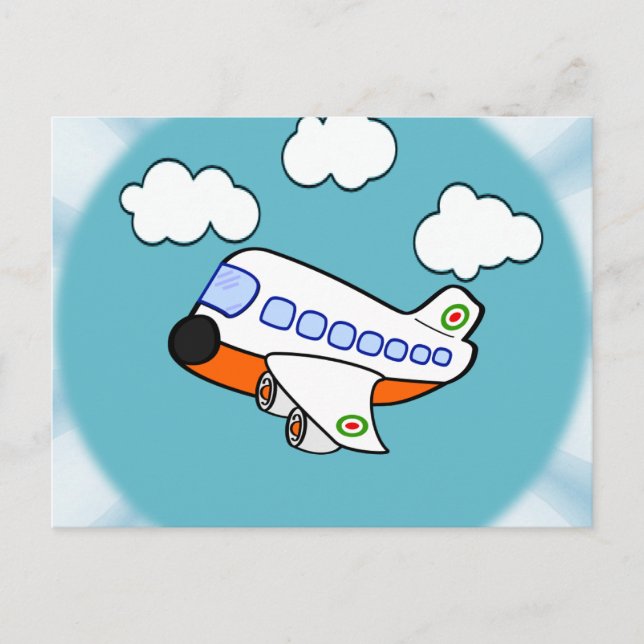 Cartoon Aeroplane in Clouds with Sunburst Postcard (Front)