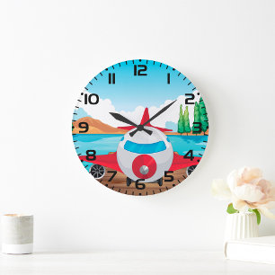 Cartoon Aeroplane on Lake Dock Fun Travel Adventur Large Clock