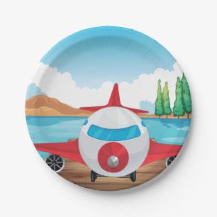 Cartoon Aeroplane on Lake Dock Fun Travel Adventur Paper Plate