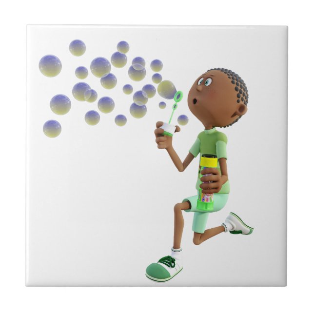 Cartoon African American Boy Blowing Bubbles Tile (Front)
