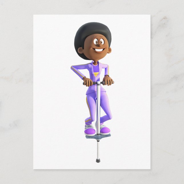 Cartoon African American Girl riding a Pogo Stick Postcard (Front)