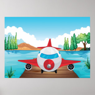 Cartoon Airplane on Lake Dock Fun Travel Adventure Poster