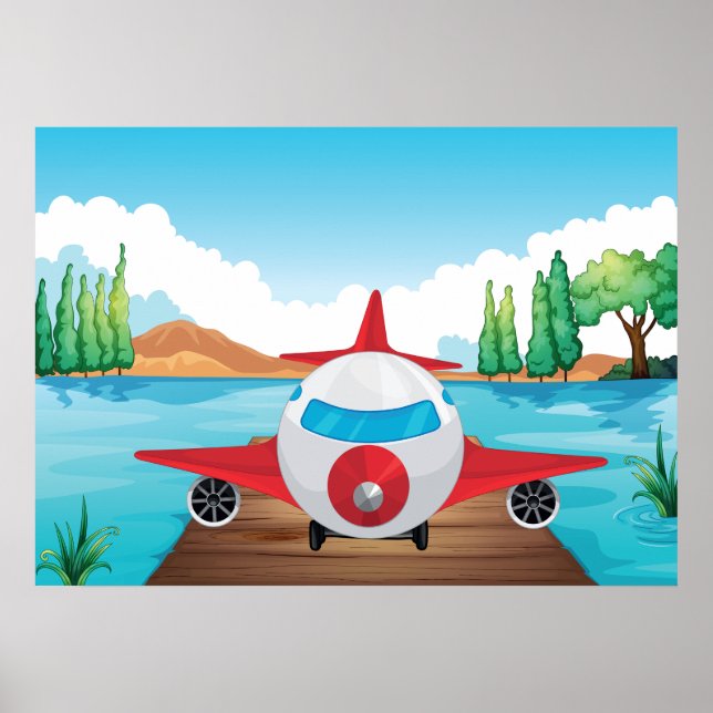 Cartoon Airplane on Lake Dock Fun Travel Adventure Poster (Front)