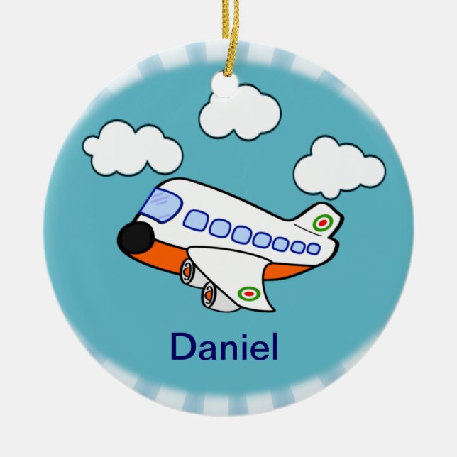 Cartoon Airplane with Name Ceramic Tree Decoration (Front)