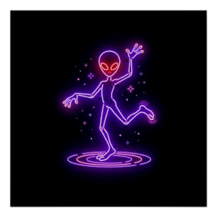 Cartoon Alien Dancing Amongst Small Starbursts Poster