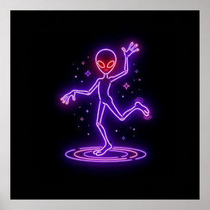Cartoon Alien Dancing Amongst Small Starbursts Poster