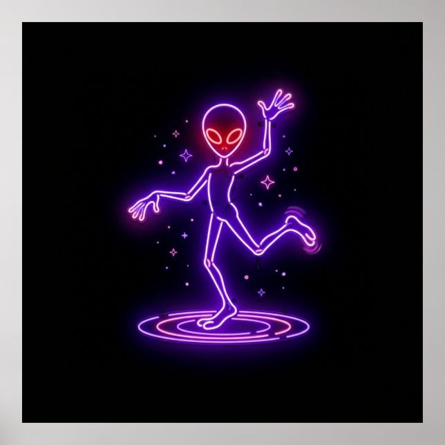 Cartoon Alien Dancing Amongst Small Starbursts Poster (Front)