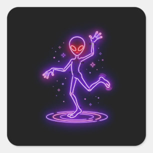 Cartoon Alien Dancing Amongst Small Starbursts Square Sticker