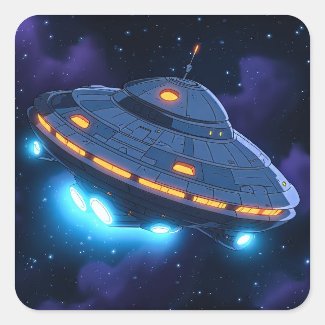 Cartoon Alien Spaceship Square Sticker (Front)