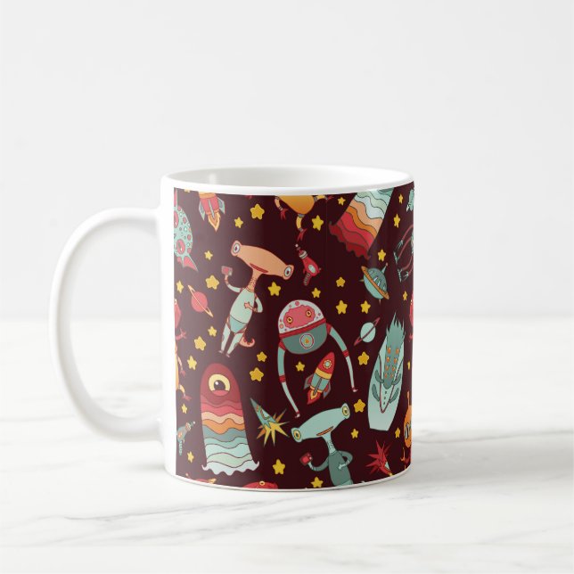 Cartoon aliens vintage seamless pattern. coffee mug (Left)