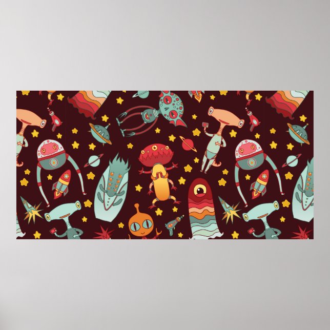 Cartoon aliens vintage seamless pattern. poster (Front)