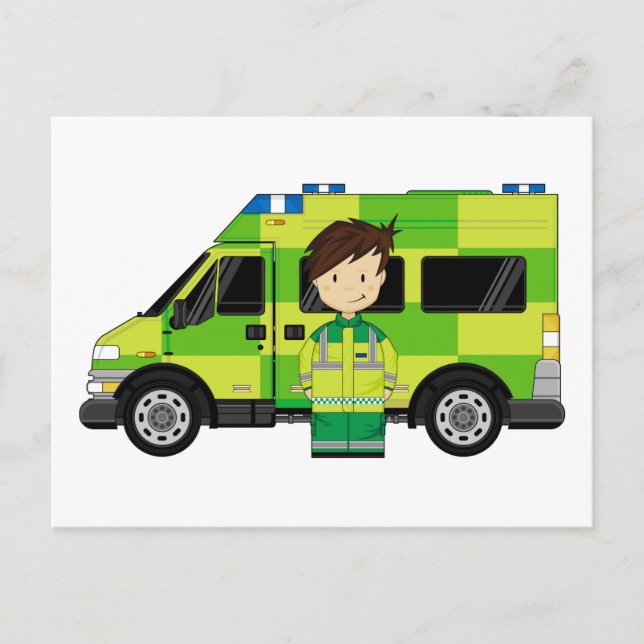 Cartoon Ambulance and EMT Postcard (Front)