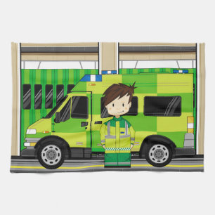 Cartoon Ambulance and EMT Tea Towel