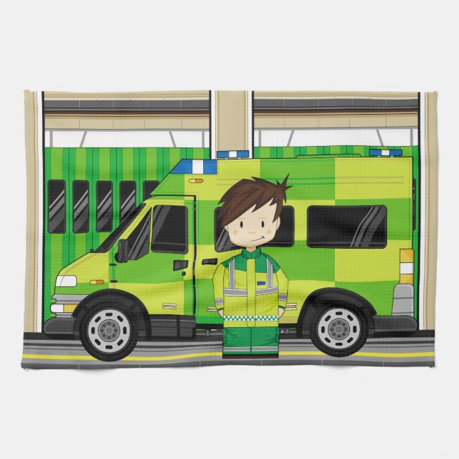 Cartoon Ambulance and EMT Tea Towel (Horizontal)