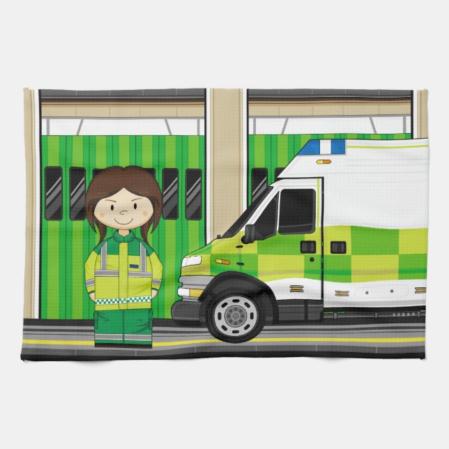 Cartoon Ambulance and EMT Tea Towel (Horizontal)