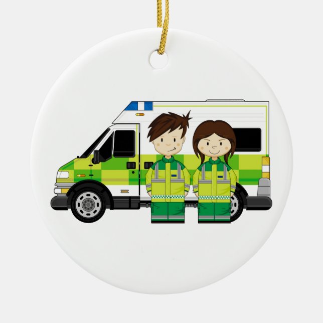 Cartoon Ambulance and EMT's Ceramic Tree Decoration (Front)
