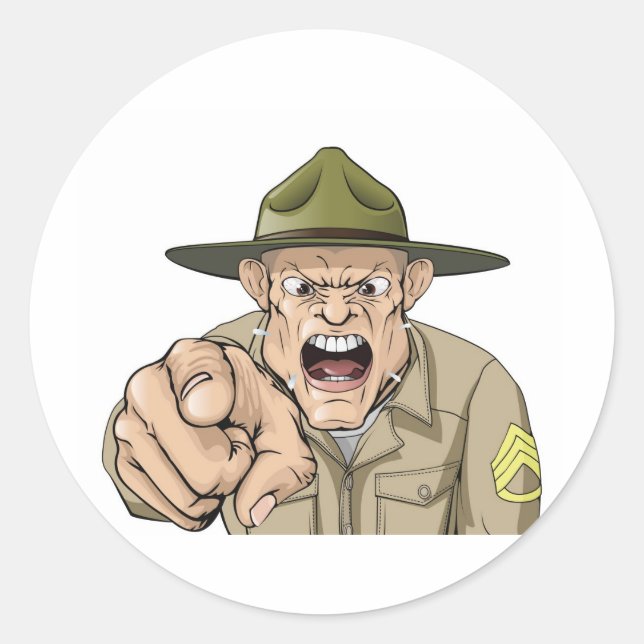 Cartoon angry army drill sergeant shouting classic round sticker (Front)