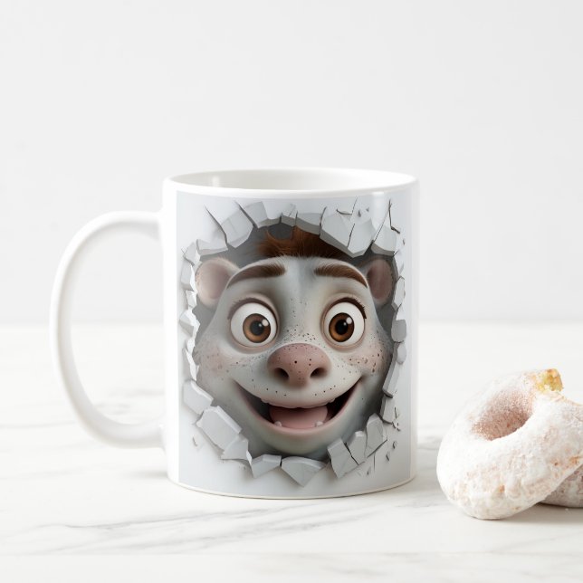 Cartoon Animal Breaking Through Wall  Coffee Mug (With Donut)