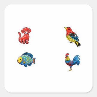 Cartoon Animals 4 Pack Dot Polka Style Square Sticker