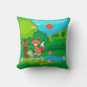 Cartoon Animals Around a Pond in Green Landscape  Cushion
