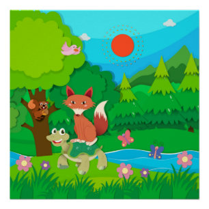 Cartoon Animals Around a Pond in Green Landscape   Poster
