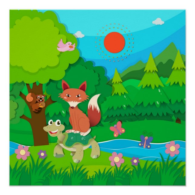 Cartoon Animals Around a Pond in Green Landscape   Poster (Front)
