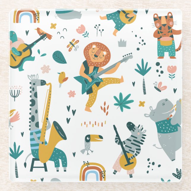 Cartoon Animals Band Glass Coaster (Front)