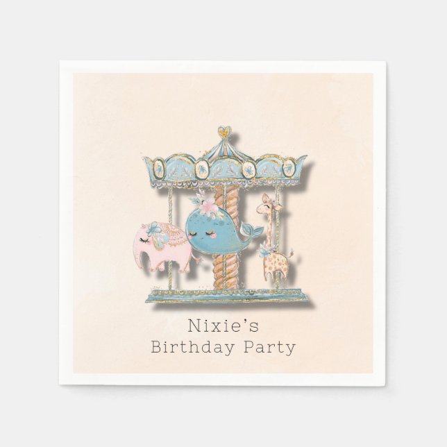 Cartoon Animals Carousel Birthday Party Napkin (Front)