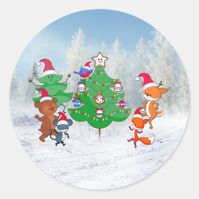 Cartoon Animals Dancing Around the Christmas Tree Classic Round Sticker (Front)