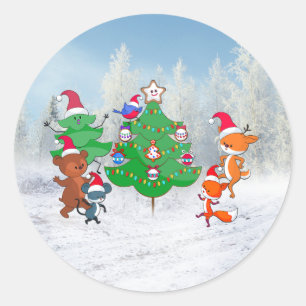 Cartoon Animals Dancing Around the Christmas Tree Classic Round Sticker