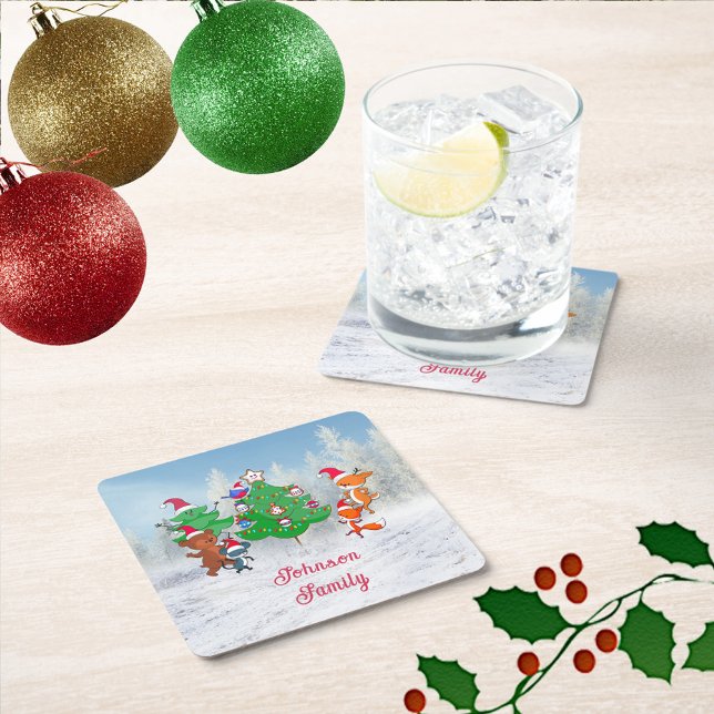 Cartoon Animals Dancing Around the Christmas Tree Square Paper Coaster (Cartoon Animals Dancing Around the Christmas Tree Square Paper Coaster)
