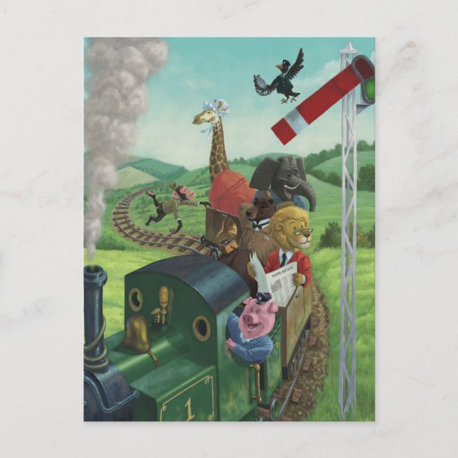 cartoon animals enjoying a train journey postcard (Front)