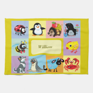 cartoon animals for kids tea towel