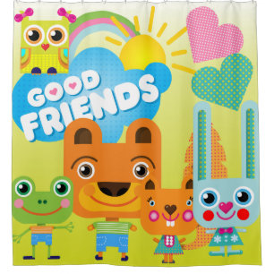 Cartoon Animals Good Friends Bear Squirrel Frog Shower Curtain