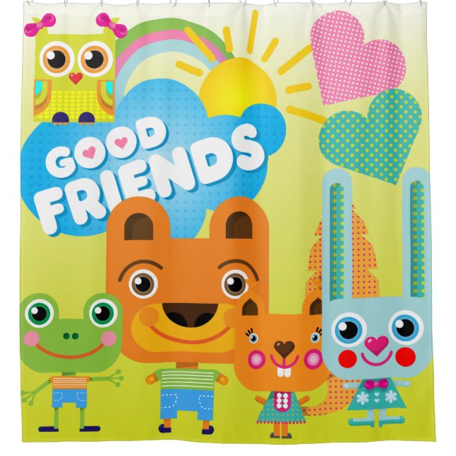 Cartoon Animals Good Friends Bear Squirrel Frog Shower Curtain (Front)