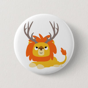 Cartoon Antlered Lion button badge