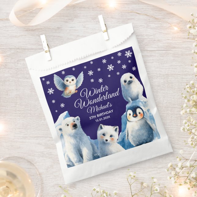 Cartoon Arctic Animals Blue Winter Kids' Birthday  Favour Bags (Clipped)