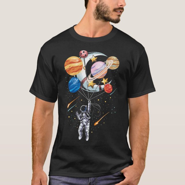 Cartoon Astronaut Space Balloon Planets T-Shirt (Front)