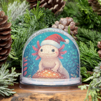 Cartoon Axolotl in Santa Hat Christmas Snow Globe
