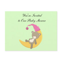 Cartoon Baby Bear Sleeping on Moon w/Pink Hat