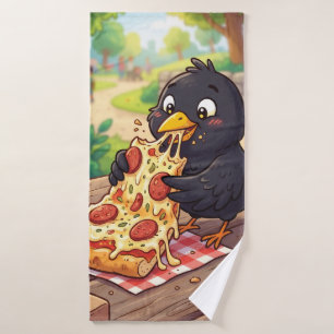 Cartoon Baby Blackbird Crow Raven Eating Pizza Bath Towel Set