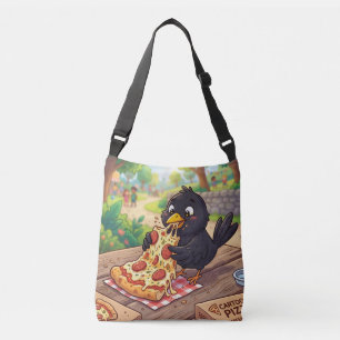 Cartoon Baby Blackbird Crow Raven Eating Pizza Crossbody Bag