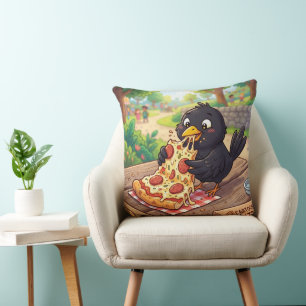 Cartoon Baby Blackbird Crow Raven Eating Pizza Cushion