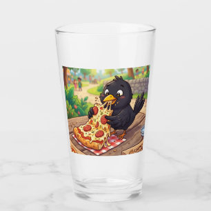 Cartoon Baby Blackbird Crow Raven Eating Pizza Glass