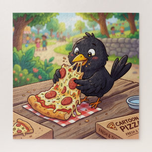 Cartoon Baby Blackbird Crow Raven Eating Pizza Jigsaw Puzzle
