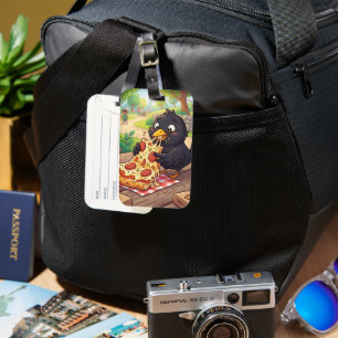 Cartoon Baby Blackbird Crow Raven Eating Pizza Luggage Tag